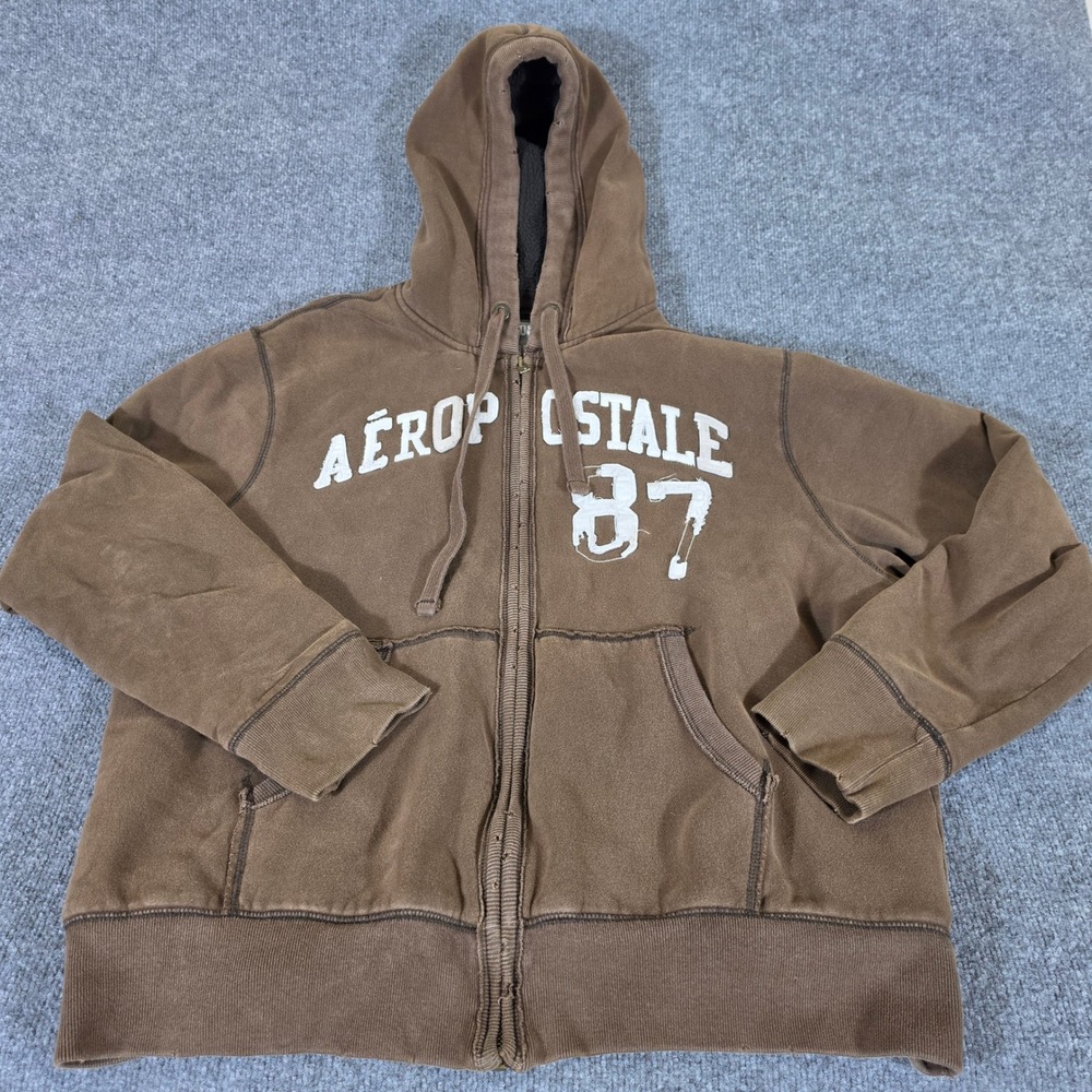 Aeropostale A87 Brown Sherpa Lined Full Zip Hoodie Mens XXL Graphic Fleece